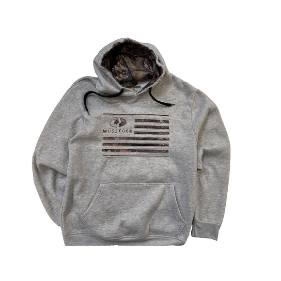 Mossy Oak Hoodie Men Medium Gray Camo Lined Pullover Sweatshirt Flag Hunting - Picture 1 of 7